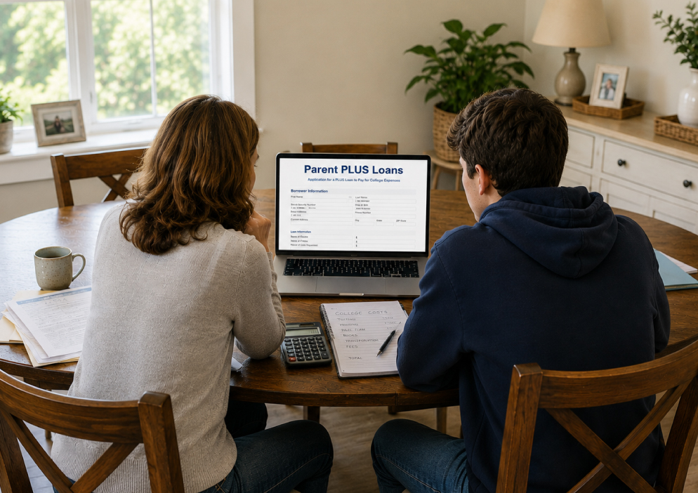 mother and son on computer