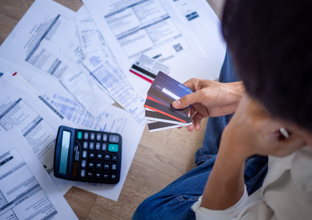 looking at bills and credit cards